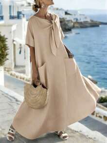 Holidaya Vestido casual y suelto de manga corta y longitud media para mujer, adecuado para ocasiones como vacaciones, playa, picnic, camping, actividades al aire libre y uso diario - Albaricoque - Ver 3