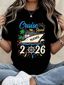 Women's Oversized Short-Sleeved T-Shirt, Round Neck, With Custom Print Of Cruise Ship, Palm Tree And Sun, Name 2026, For Summer, Vacation, Travel, Parties. 100% Cotton. - 黑色 - 查看 1