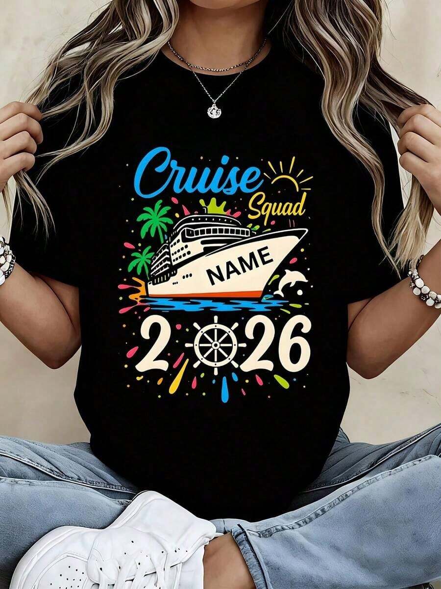 Women's Oversized Short-Sleeved T-Shirt, Round Neck, With Custom Print Of Cruise Ship, Palm Tree And Sun, Name 2026, For Summer, Vacation, Travel, Parties. 100% Cotton. - 黑色 - 查看 1