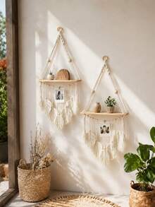 1 pieza Estantería de pared colgante tejida a mano con hojas, decoración bohemia, estante flotante de madera, adecuado para baño, dormitorio, sala de estar, sin clips incluidos - Multicolor - Ver 5