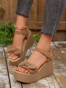 Plus Size Bow Decor Wedge Sandals, Open Toe Ankle Strap Casual Summer Shoes - Beige - View 2