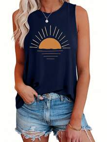 Summer Outfits For WomenPlus Size Sun Print Tank Top, Casual Crew Neck Sleeveless Tank Top For Summer, Women's Plus Size ClothingLoose And Comfortablesummer Tops For Women - 白色 - 查看 5