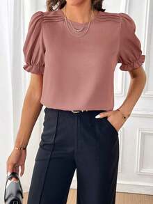 Camisa de manga abullonada de unicolor para mujer, blusas de manga corta - Rosa vieja - Ver 6