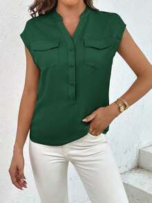 Camisa con bolsillo con solapa de manga murciélago con bolsillo con solapa con botón delantero - Verde Oscuro - Ver 6