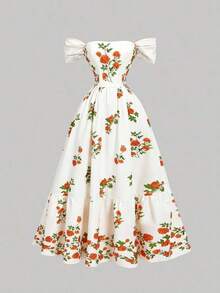 Vestido largo de fiesta elegante con cintura ceñida, hombros descubiertos y estampado floral fruncido para mujer - Multicolor - Ver 1