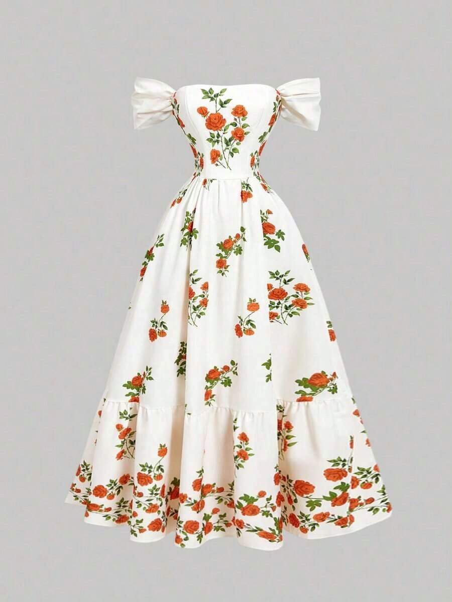 Vestido largo de fiesta elegante con cintura ceñida, hombros descubiertos y estampado floral fruncido para mujer - Multicolor - Ver 1