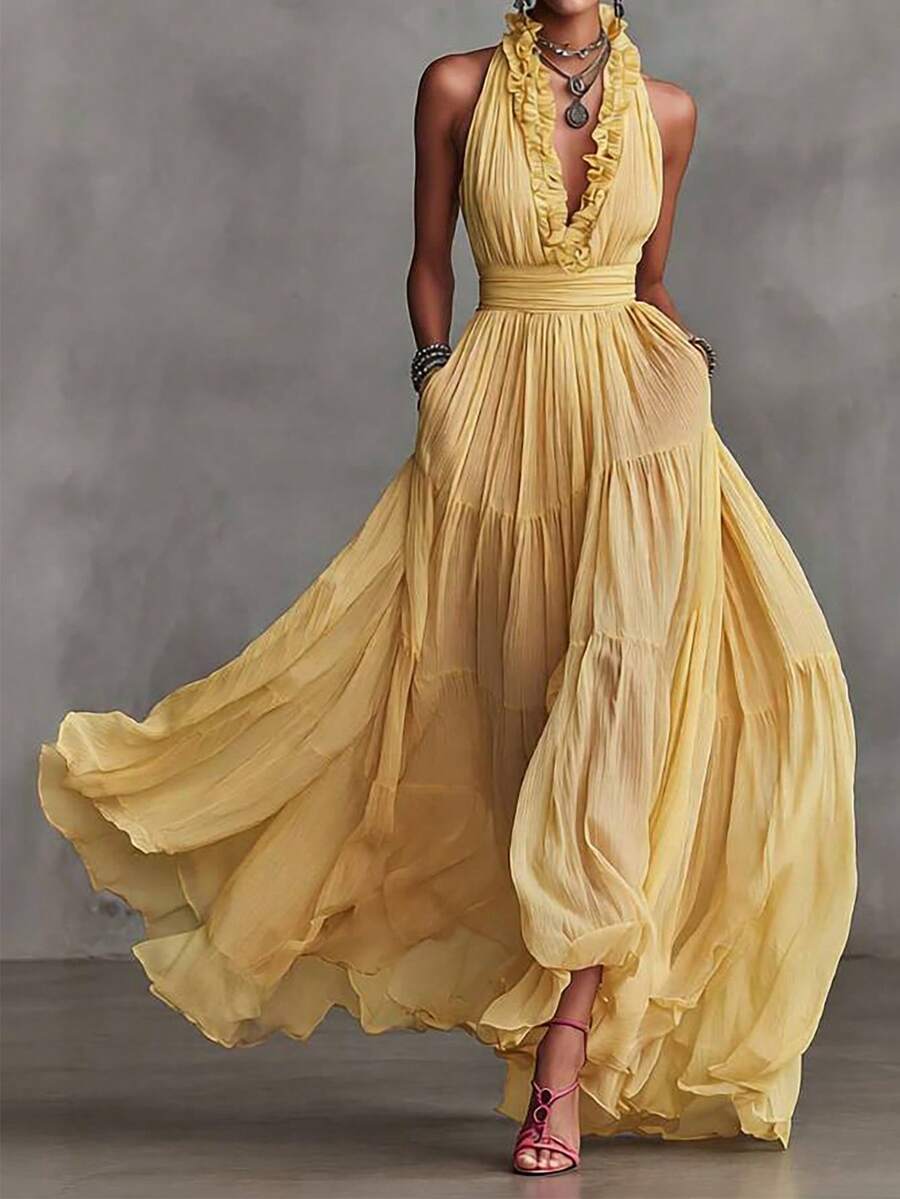 Vestido largo sin mangas con escote en V profundo y volantes, corte en A y bajo acampanado para mujer. - Amarillo - Ver 1