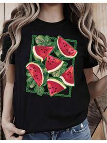 Oferta por tiempo limitado, cantidad limitada disponible,  relámpago, camisas de mujer, camisetas de mujer Gran oferta: Camiseta informal de talla grande para mujer con estampado gráfico de sandía, cuello redondo, manga corta, estilo veraniego, para uso diario. - Negro - Ver 1