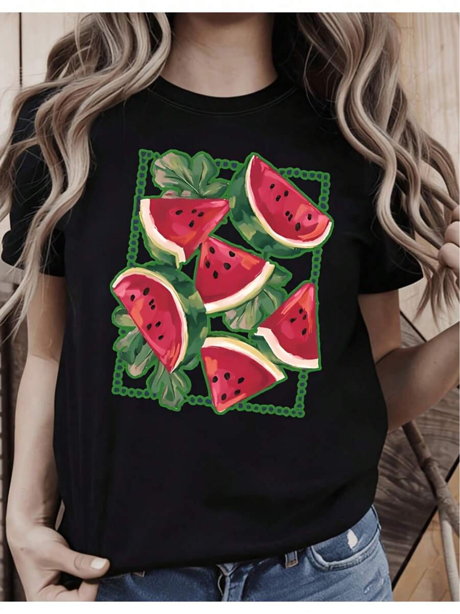 Oferta por tiempo limitado, cantidad limitada disponible, relámpago, camisas de mujer, camisetas de mujer Gran oferta: Camiseta informal de talla grande para mujer con estampado gráfico de sandía, cuello redondo, manga corta, estilo veraniego, para uso diario. - Negro - Ver 1