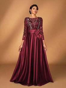 y lujoso vestido de manga larga transparente con bordado de encaje floral, con perlas y lazo con diamantes, con vuelo.Adecuado para boda, fiesta, vacaciones, baile de graduación, vestido de noche para novia, madre de la novia - Burdeos - Ver 7