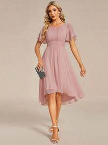 Vestido de dama de honor de gasa con pliegues y mangas con volantes, vestido de noche elegante para invitados de boda en primavera - Rosa - Ver 4