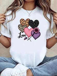 Camiseta, regalo de San Valentín para novia, amor romántico, con motivos de corazones que conmueven el corazón, combinación atrevida y dulce que conmueve el corazón, estampado, camiseta blanca de manga corta con cuello redondo - lavable a máquina, adecuada para fiestas, salidas informales, reuniones de amigos, atuendos festivos, regalos navideños, uso diario. - Blanco - Ver 8