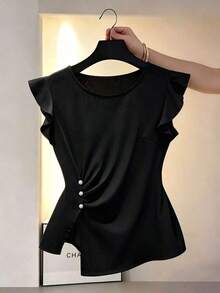 Blusa de mujer nueva y elegante con bajo asimétrico y mangas con volantes, ropa casual para vacaciones, uso diario, adecuada para el Día de San Valentín, Carnaval, playa, vacaciones de verano - Negro - Ver 6