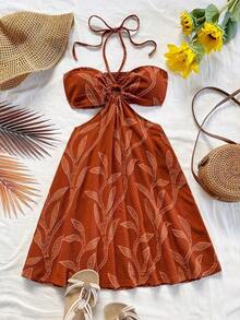 Vestido casual de verano con estampado de flores y mariposas, cuello de cordón y cintura hueca, apropiado para vacaciones, citas, San Valentín, té por la tarde - Marrón - Ver 6