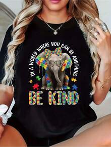 1 pieza de Playera corta de 100% algodón, cuello redondo casual con estampado, Playera para conciencia del autismo, elefante amable, manga corta transpirable para uso diario - Negro - Ver 1