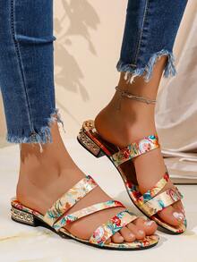 Women's Printed Multi-Strap Square Toe Low Heel Sandals, Open Toe Strap Mule Shoes, Soft Sole Non-Slip Breathable, Suitable For Daily Commute, Shopping, Casual, Vacation, Dating, Travel, Outdoor Wear - Gold - View 3