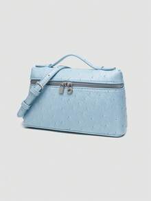 1 pieza Bolso de hombro cuadrado de unicolor con textura de grano de litchi en PU, pequeño bolso de mano para mujer, adecuado para combinar con diaria, salidas, compras, fiestas, bol - Celeste 2 - Ver 3