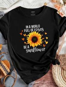 Camiseta de manga corta con cuello redondo para mujer, estampado de girasoles, suave y con caída, adecuada para uso diario, oficina, escuela, vacaciones, camping, de estilo versátil, que hace que tu verano sea más vibrante y colorido. - Negro - Ver 1