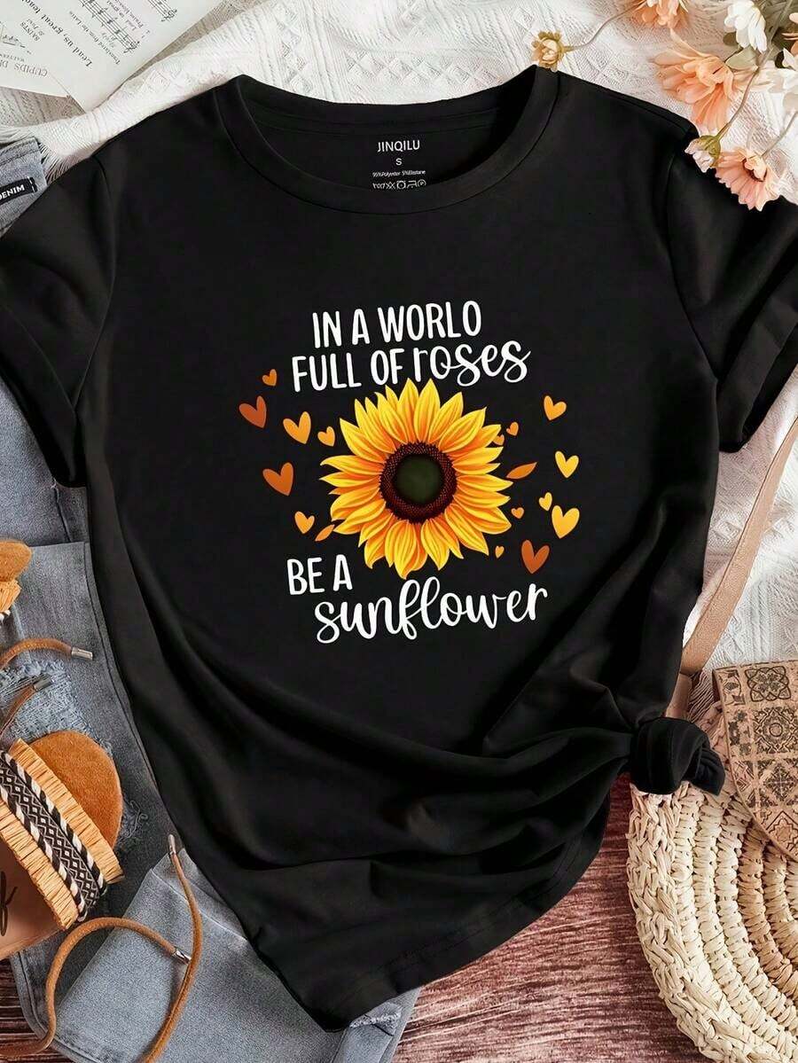 Camiseta de manga corta con cuello redondo para mujer, estampado de girasoles, suave y con caída, adecuada para uso diario, oficina, escuela, vacaciones, camping, de estilo versátil, que hace que tu verano sea más vibrante y colorido. - Negro - Ver 1