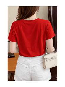 Beige Floral Print T-Shirt | 100% Cotton - [紅色的] - 查看 4