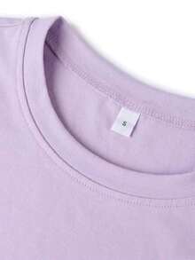 1 pieza Camiseta de mujer de manga corta y cuello redondo, suelta para el verano, con estampado temático de "Reina de Corazones" en vino tinto, adecuada para la oficina, salidas, uso diario, citas, fiestas, reuniones, ropa casual de calle en color rosa - Púrpura malva - Ver 5