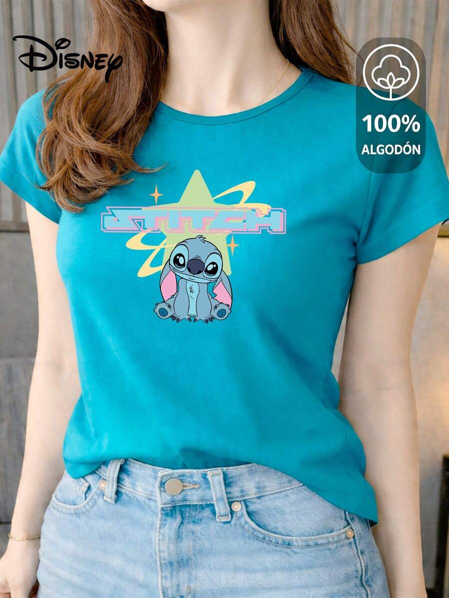 Women's T-Shirt Made Of 100% High-Quality Cotton, This T-Shirt Guarantees Exceptional Softness To The Touch, Round Neck With "Disney Stitch Star Retro" Print And Short Sleeves - 綠松石 - 查看 1
