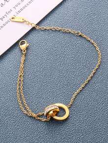 3/1pc Set 18K Gold Plated Luxury Stainless Steel Bracelet Set, Full Rhinestone Inlaid Cross Roman Numeral Bracelet & Delicate Roman Numeral Bracelet, Stackable - Gold - View 9