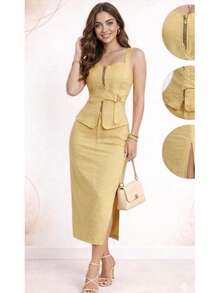 Two-Piece Set: Tank Top With Zipper + Long Skirt With Side Slit, Elegant And Chic. - Yellow - View 2