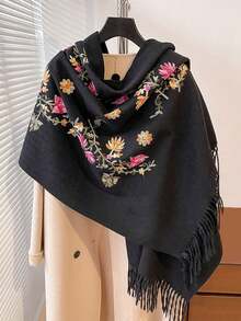 1pc Faux Cashmere Floral Embroidered Scarf, Thick Warm Bohemian Tasseled Embroidered Shawl For Women - Multicolor - View 8