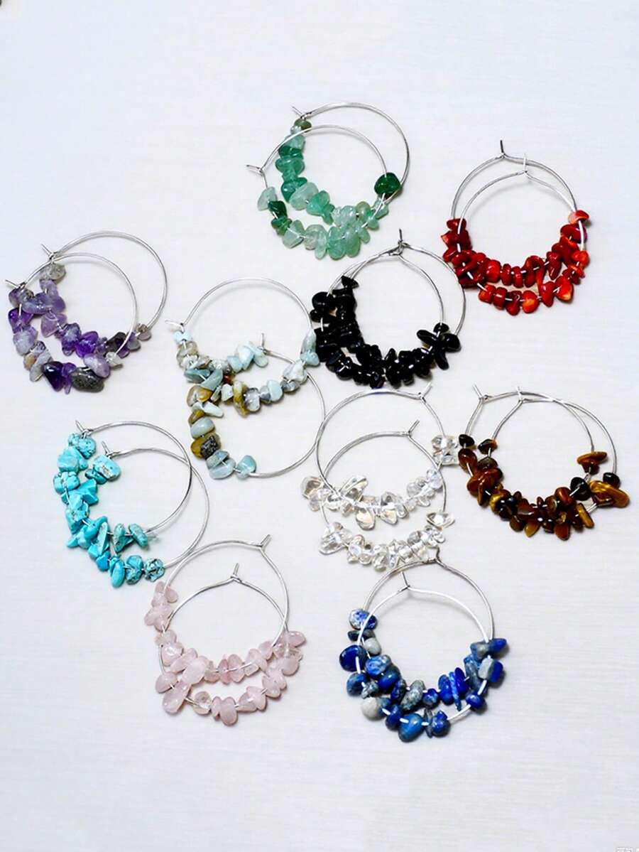 Pendientes de aro con piedras de colores asimétricos, pendientes de círculo grande exagerados, joyería de estilo de vacaciones de alta gama al por mayor - pendientes - Ver 1