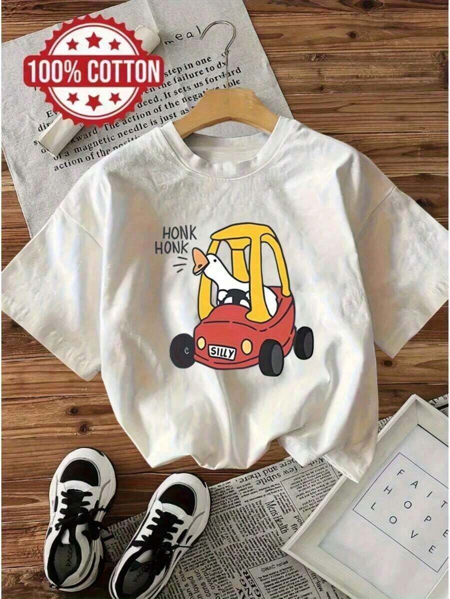 Soft T-Shirt For Women With A Fun Goose Print - Text "HONK HONK" - Soft And Breathable Cotton Top - Casual Loose Style For Everyday Wear, A Must-Have For All Seasons, T-Shirt With A Fun Print, Casual Blouse For Women, Cotton T-Shirts For Women. - 白色 - 查看 1