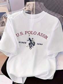 Camiseta de manga corta para mujer con estampado de caballo de polo USPA vintage, estilo estético académico holgado, camiseta gráfica de cuello redondo, top casual adecuado para uso diario, ropa de calle, salidas de verano, vacaciones, estilo vintage urbano, unisex, de algodón holgado, manga corta, cuello redondo, blusas para mujer. blusas.blusas casuales para dama. - Blanco - Ver 7