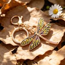 Vibrant Dragonfly Keychain, Gold-Tone With Multicolor Rhinestone, Whimsical Nature Bag Charm, Ideal For Handbag Decor & Nature Lover's Gift - màu xanh lá - Xem 5