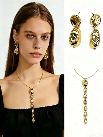 1 Set Retro Metal Cube Chain Earrings, Luxury Personalized Necklace & Earrings Set For Women