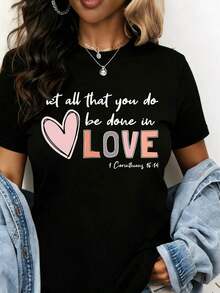 Que Todo Lo Que Hagas Se Haga Con Amor 1 Corintios 16:14 Camiseta Cristiana Para Mujer, Camiseta Con Versículo Bíblico Inspirado En La Fe, Top De Verano Con Diseño De Corazón, Algodón Puro - Negro - Ver 7