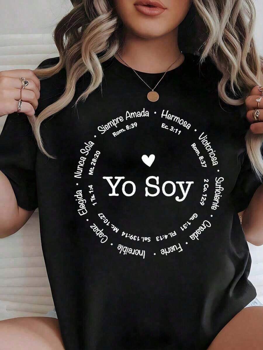 Short-Sleeve Round Neck White T-Shirt With "I Am" Bible Verses, Christian Affirmation T-Shirt In Spanish, Loose-Fitting Religious And Faith Blouse, Christian Gift Top For Women, Casual Blouses For Women, 100% Cotton. - 黑色 - 查看 1