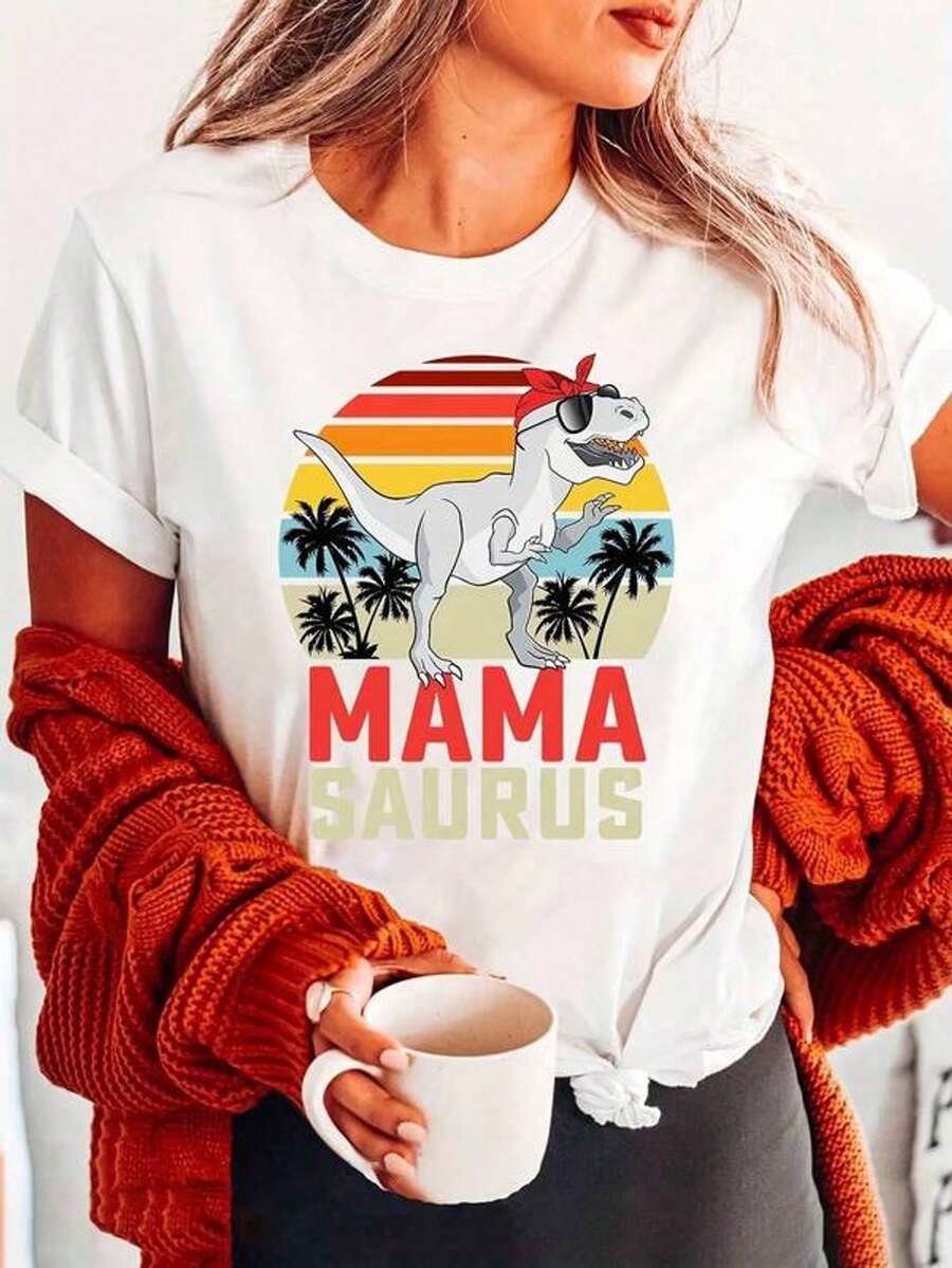 Women's Short Sleeve Crew Neck T-Shirt With Dinosaur Print, Sunglasses And Palm Trees, Sizes S-3XL, Fashionable, Comfortable And Breathable, Machine Washable - White - View 1