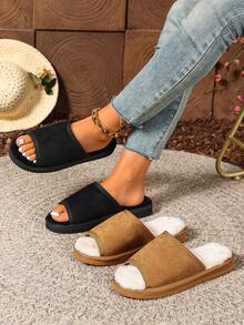 Autumn/Winter Soft Bottom Comfortable Retro Plush Open Toe Slip-On House Slippers, Suitable For Indoor And Outdoor Wear - Black - View 7