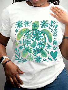 Women's Pure Cotton Turtle Floral Design T-Shirt, Round Neck, Soft, Comfortable, Stretchy Fabric, Suitable For Daily Wear, Seasonal Or Holiday Wear, An Essential Gift For Family Or Loved Ones. - 白色 - 查看 1