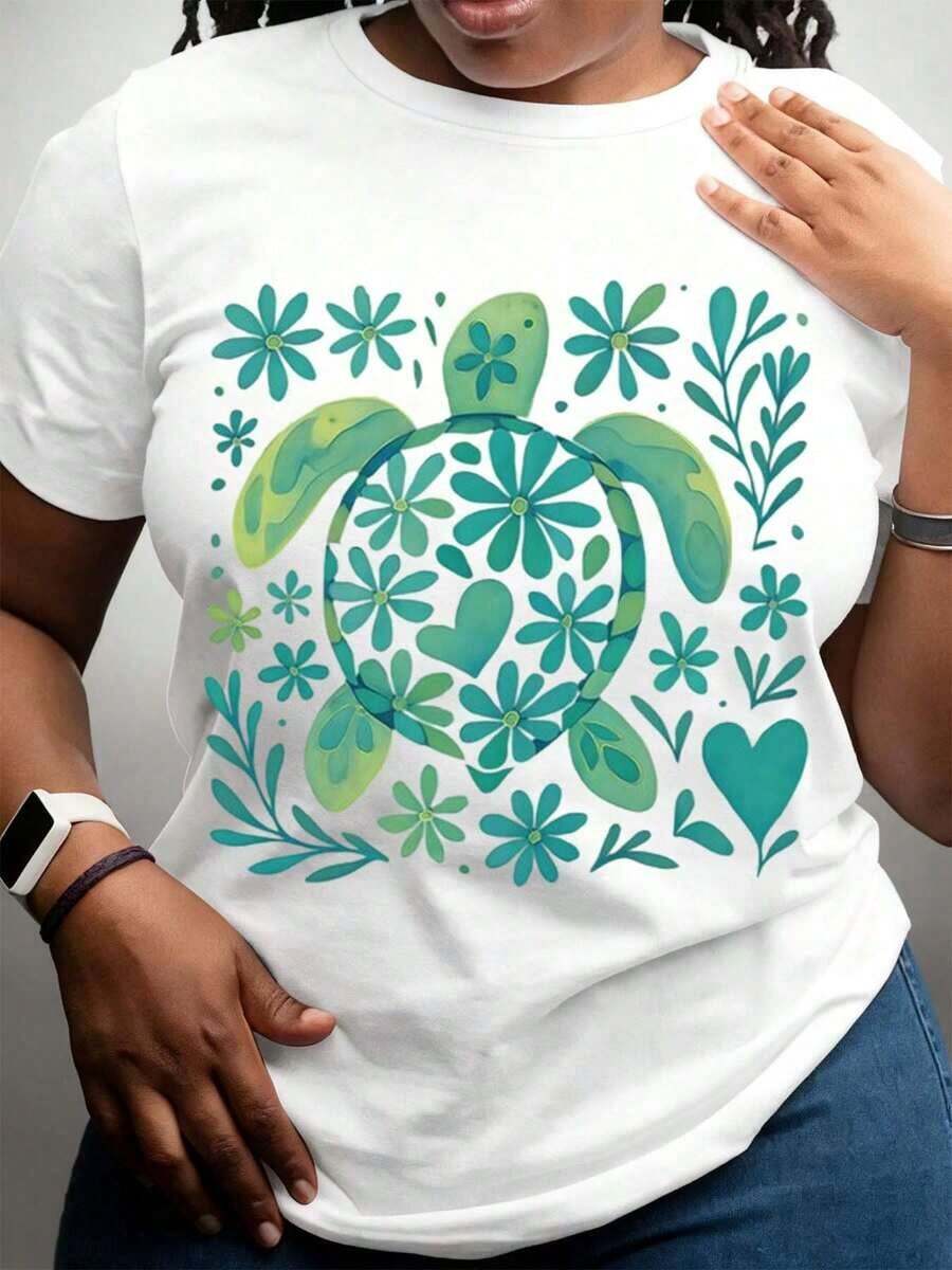 Women's Pure Cotton Turtle Floral Design T-Shirt, Round Neck, Soft, Comfortable, Stretchy Fabric, Suitable For Daily Wear, Seasonal Or Holiday Wear, An Essential Gift For Family Or Loved Ones. - 白色 - 查看 1
