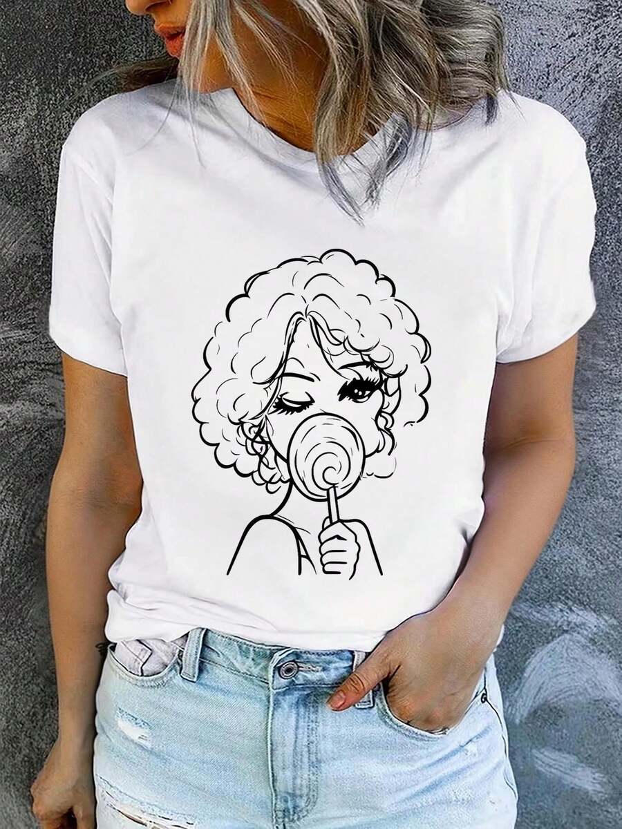 Camiseta de manga corta estampada para mujer con cuello redondo, moderna y casual, lavable a máquina, ajuste cómodo, estampado plano 2D, Blusas Para Mujer Casual 2D. - Blanco_04 - Ver 1