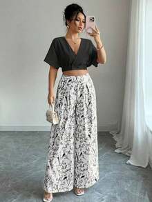Set de 2 piezas de Blusa de mujer de cuello en V de manga corta con botones y pantalones de cintura alta y pierna ancha para verano - Negro - Ver 7
