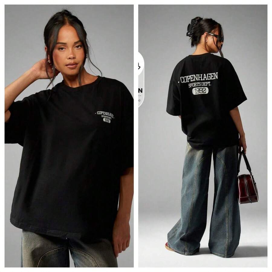 Oversized T-Shirt From The Copenhagen Sports Department, Vintage Style, Streetwear Aesthetic, Retro Fashion, College Print, Short Sleeve, Cotton, Basic, Casual - 黑色 - 查看 1