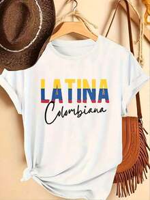 1 camiseta de manga corta con cuello redondo, estilo casual y a la moda, con estampado de letras estilo bandera colombiana, adecuada para uso diario, transpirable y cómoda. - Blanco - Ver 1