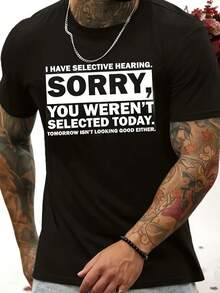Men's Graphic T-Shirt With The Phrase "I Have Selective Hearing, Sorry, You Weren't Chosen Today" - Casual Crew Neck T-Shirt, Stretch Fabric, Machine Washable - MBDMBD Summer Fashion - 黑色 - 查看 8