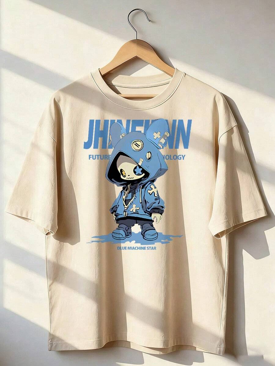 Blue Streetwear Character T-Shirt With "JHINEINN" Text, Fashionable Short-Sleeve T-Shirt For Spring/Summer 2026, Made In Mexico, 180 Grams. Cartoon Print, Couple Design, Suitable For Indoor Or Outdoor Wear. Crew Neck, Unisex, Ideal For Office And Leisure. One-Pack. - APR-P631577SLNDXZGY635 - 查看 1