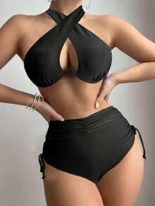 Conjunto de bikini 2025 para mujer con diseño de cruz calado, halter, sexy y con soporte de aros para el verano - Negro - Ver 9