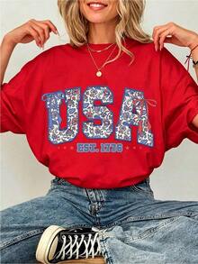 Women's 100% Cotton T-Shirt With Floral Bow Graphic Print, Soft USA EST 1776, Aesthetic Patriotic Flirty Top, Y2K Style For The 4th Of July, Soft And Breathable Summer Clothes, Urban Casual Wear, Unique Gift For Her. - 紅色 - 查看 7