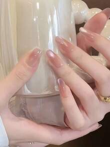 30片杏仁形穿戴式假指甲，漸層貓眼可愛時尚法式/韓式風格美甲貼片，女性新款時尚甲片，含1片果凍膠與1片防滑貼，適合派對、舞會、休閒穿著，可拆卸，美甲用品，美感風格 - 淡紫色 - 查看 2