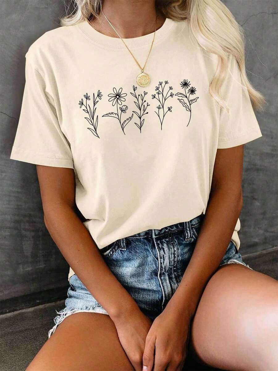 Graphic Print T-Shirt, Short Sleeves, Round Neck, Casual Top For Summer And Spring, Women's Clothing, Women's Winter Clothing - 杏色 - 查看 1